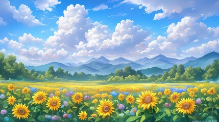 Obraz premium A vibrant field of sunflowers glowing under golden su