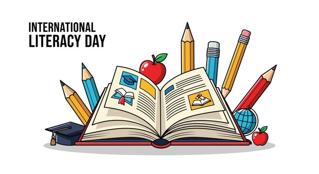 Cartoonish Detailed International Literacy Day Book Education Celebration Illustration