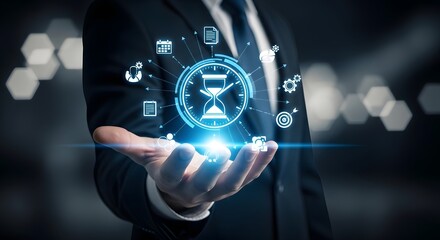 Businessman displays glowing hourglass with digital icons representing time management