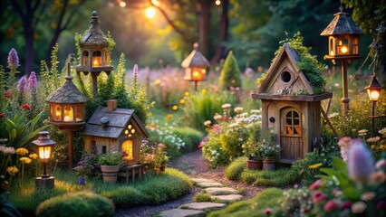 Enchanted Garden Path with Illuminated Miniature Houses and Birdhouses at Dusk