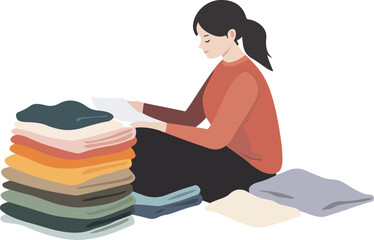 Young woman folding clothes vector illustration isolated on white background colorful stack of clothes household chores concept design for banner poster card
