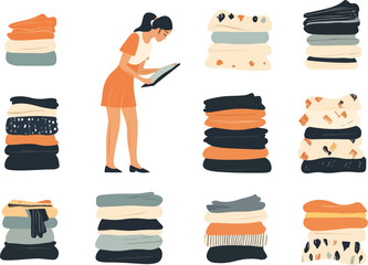 Woman Inventorying Clothes with Tablet and Stacks of Folded Clothes Vector Illustration Set