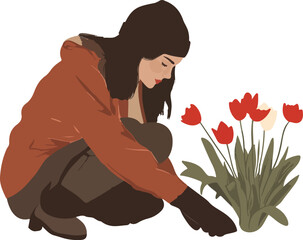 Young woman planting tulips in spring garden vector illustration isolated on white background concept for greeting card poster banner web and textile design