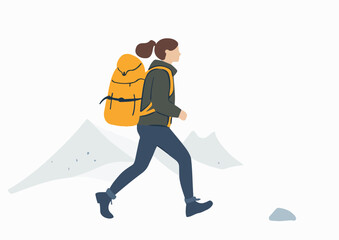 Fototapeta premium Young woman hiking in the mountains with a backpack vector illustration for hiking tourism travel camping outdoor adventure active lifestyle concept isolated on