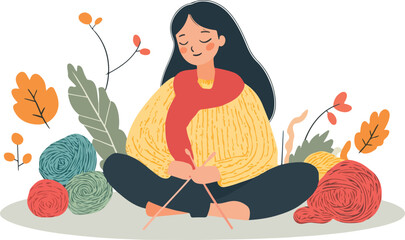 Young woman knitting with colorful yarn balls surrounded by autumn leaves vector illustration for hobby craft handmade design © Hoody Baba