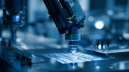 High-precision laser or robotic machine working on a microchip in a tech lab