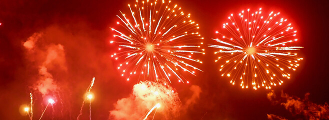Banner red firework night time celebrate national holiday. Countdown new year 2025 festival with...
