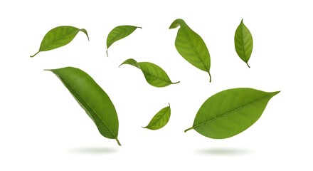 Floating Fresh Green Leaves Isolated on White Background Providing a Natural Element