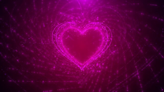 Glowing pink heart radiates magical particles sparkling waves. vibrant energy romantic charm. for love, Valentine's, wedding visuals, affectionate intros, heartfelt messages and romantic animations.