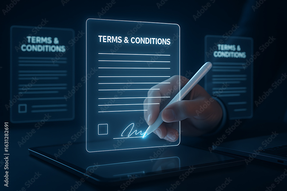Poster digital signature on futuristic terms and conditions form with electronic pen used on transparent sc