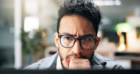 Thinking, doubt and businessman in office for ideas, mistake or thinking on creative project....