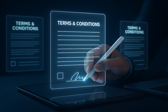 Digital signature on futuristic terms and conditions form with electronic pen used on transparent screen for legal agreements and technology-driven contract acceptance