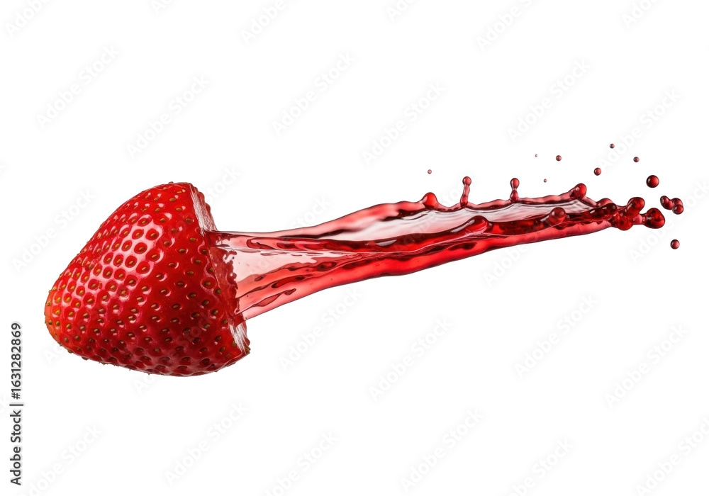 Poster ultra-detailed macro shot of a single vibrant red strawberry, partially crushed with bursting pulp a