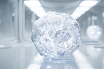 Large Ice Ball in Futuristic White Room with Reflective Surface and Bright Lighting