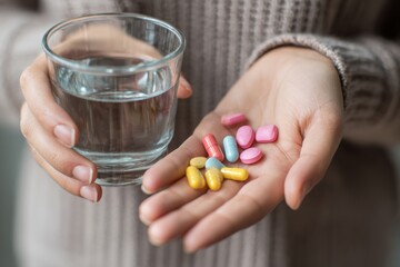 Hands holding medicine pills and a glass of water