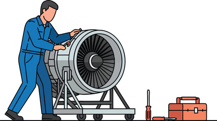 Mechanic working on a jet engine with tools and toolbox.