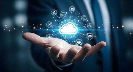Fototapeta premium Businessman holding glowing cloud computing network with digital icons