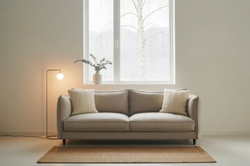 Cozy modern living room scene featuring a plush sofa with textured pillows, a stylish floor lamp, and a vase of greenery near a large window overlooking a winter landscape.