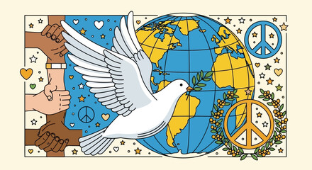 Colorful Line Art World Peace Harmony Dove Globe Symbol Graphic Illustration