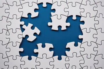 Unfinished white jigsaw puzzle pieces scattered on a vibrant blue background, symbolizing strategy and problem-solving