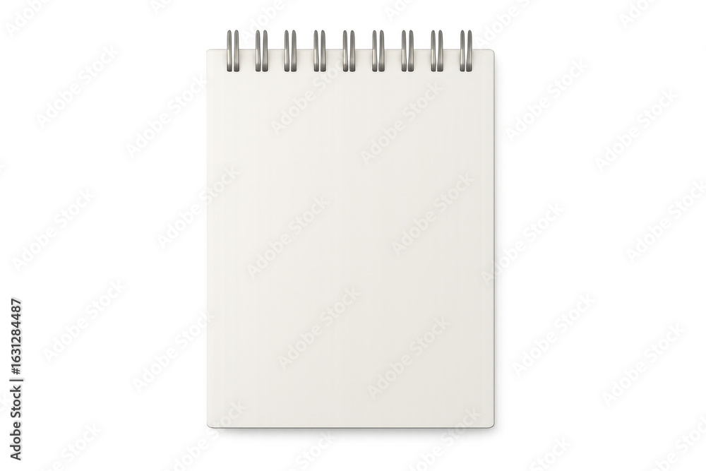 Poster spiral-bound blank notebook lying flat, clean white pages ready for custom design against transparen