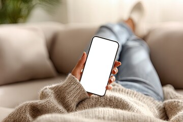 Person on a couch holding a blank smartphone