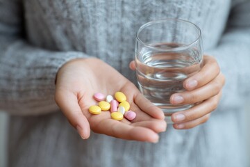 Hands holding medicine pills and a glass of water