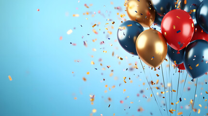 Red Gold Blue Balloons with Confetti on Blue Background