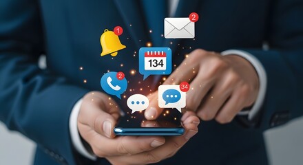 Businessman s hands holding a smartphone with digital notifications and icons floating above