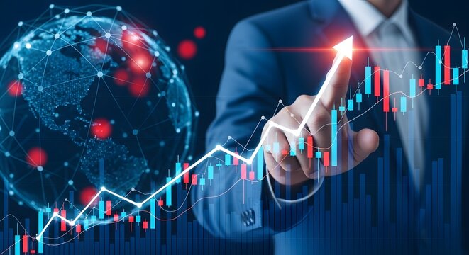 Businessman points to upward trending global stock market graph