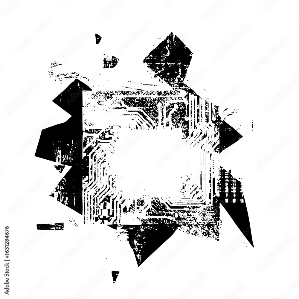 Poster vector abstract geometric featuring a central circuit board and directional arrows.
