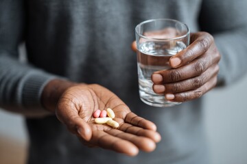 Hands holding medicine pills and a glass of water