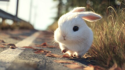 Adorable animated bunny running joyfully along a country road at sunset