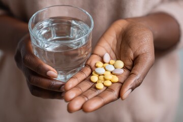 Hands holding medicine pills and a glass of water