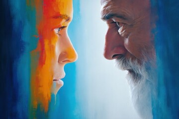 Intense connection of love and sacrifice between Abraham and Isaac depicted through vibrant colors