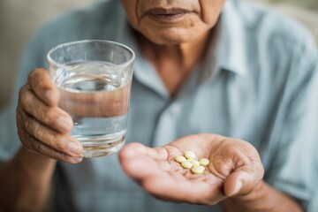 Hands holding medicine pills and a glass of water