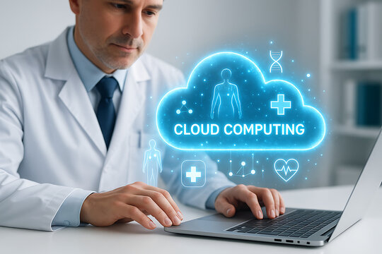 Doctor using cloud computing system on laptop for storing healthcare data and accessing digital medical services through futuristic technology in modern hospital setting