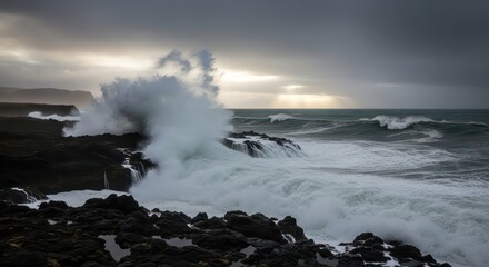 Tempestuous Ocean Waves Crash on a Volcanic Coast Under Dramatic Sun Rays