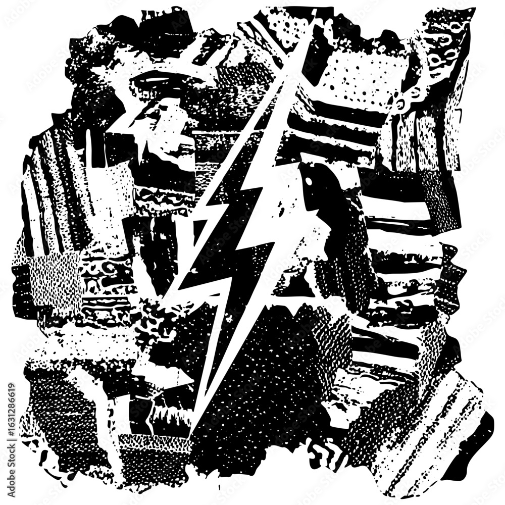 Poster vector abstract geometric composition with jagged lightning bolt and fragmented shapes.