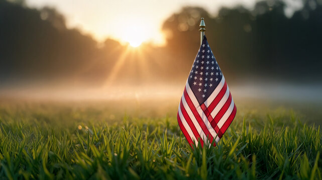 Serene Memorial Day morning with a small American flag gently waving in the field at sunrise, symbolizing remembrance and honoring the sacrifices of fallen heroes.