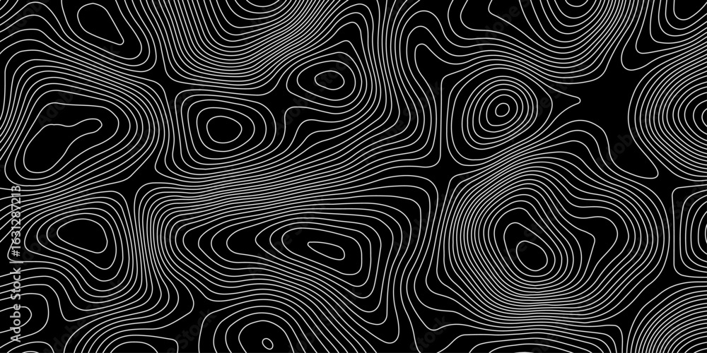 Poster abstract topography pattern lines sea map on a black background with white contour lines area space 
