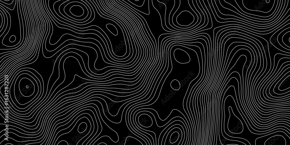 Poster abstract topography pattern lines sea map on a black background with white contour lines area space 