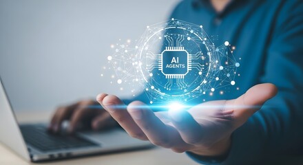 Person holding a glowing digital circuit in their hand with a laptop in the background