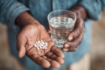 Hands holding medicine pills and a glass of water