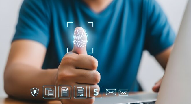 Person giving a thumbs up with digital interface and technology icons