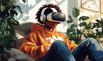 Black African American Gen Z teenager gaming with a VR headset, immersing in virtual reality experiences in a modern digital world, Generative AI