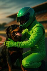 A vibrant scene captures a green-suited racer affectionately hugging a rottweiler, showcasing the unique bond between humans and pets in a dramatic outdoor setting.
