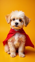 Obraz premium Fluffy Superhero Dog Portrait Small Cute Puppy Wearing a Red Cape Sitting Confidently on Orange Background