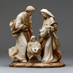 Wooden Nativity Scene Sculpture Depicting Mary Joseph And Baby Jesus On A Rocky Base adult aged