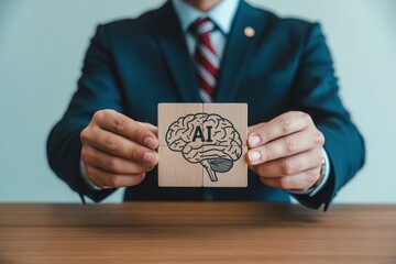 Professional strategist assembling AI concept puzzle, showcasing innovation and intelligence for future business growth